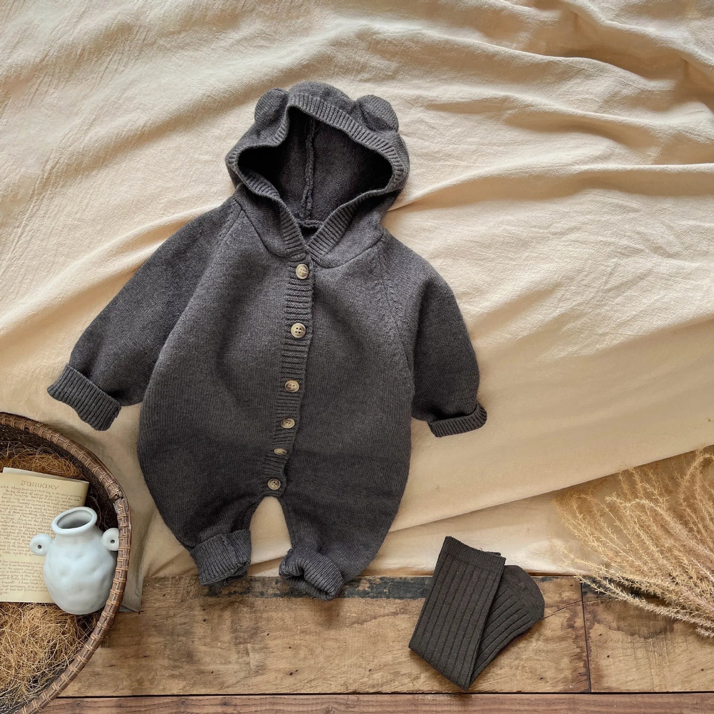 Baby Long Sleeve Knitted Romper Boy Girl Newborn Rabbit Ears Hooded Jumpsuit