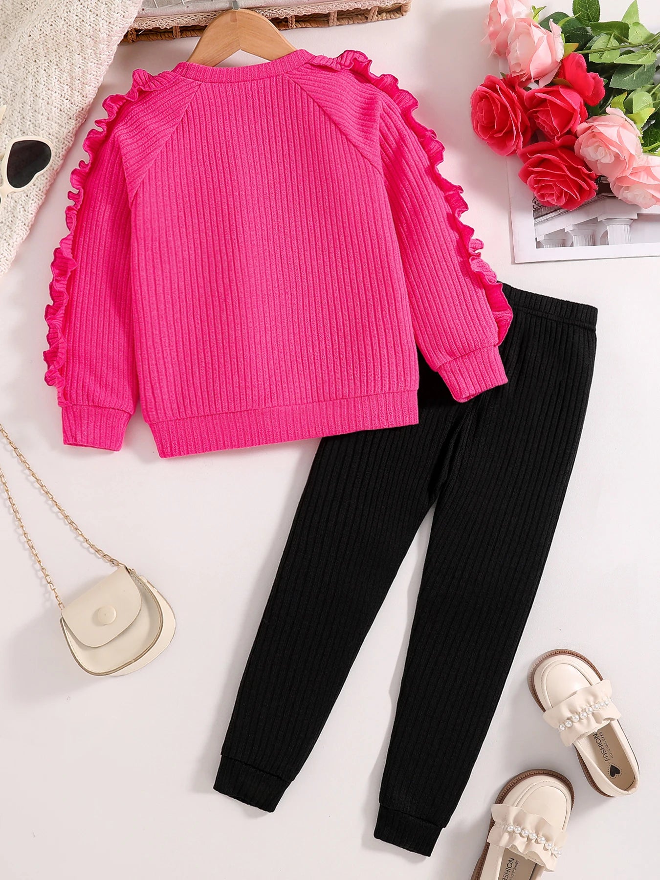 new girls fashion pink knit crew neck love print top + black slim pants