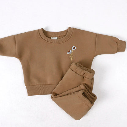 Baby Boy Girl Embroidery Flower Thick Fleece Sweatshirt + Pants 2Pcs Warm Tracksuit