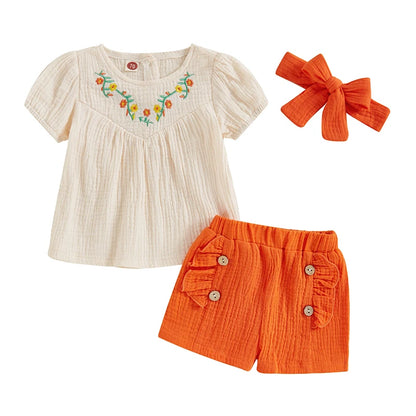 Girls Summer 3PCS Floral Embroidery T-shirt and Shorts Headband Sets