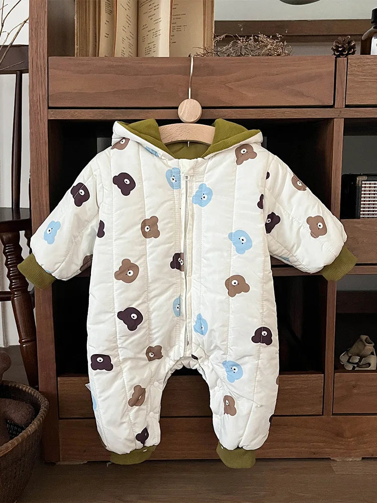 Baby Cartoon Bear Hooded Romper Plus Velvet Thick Infant Boy Girl Warm Jumpsuit