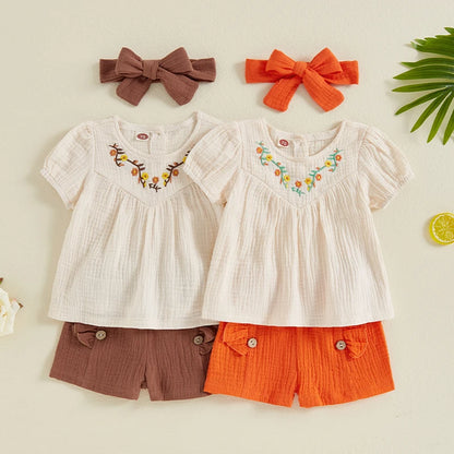 Girls Summer 3PCS Floral Embroidery T-shirt and Shorts Headband Sets