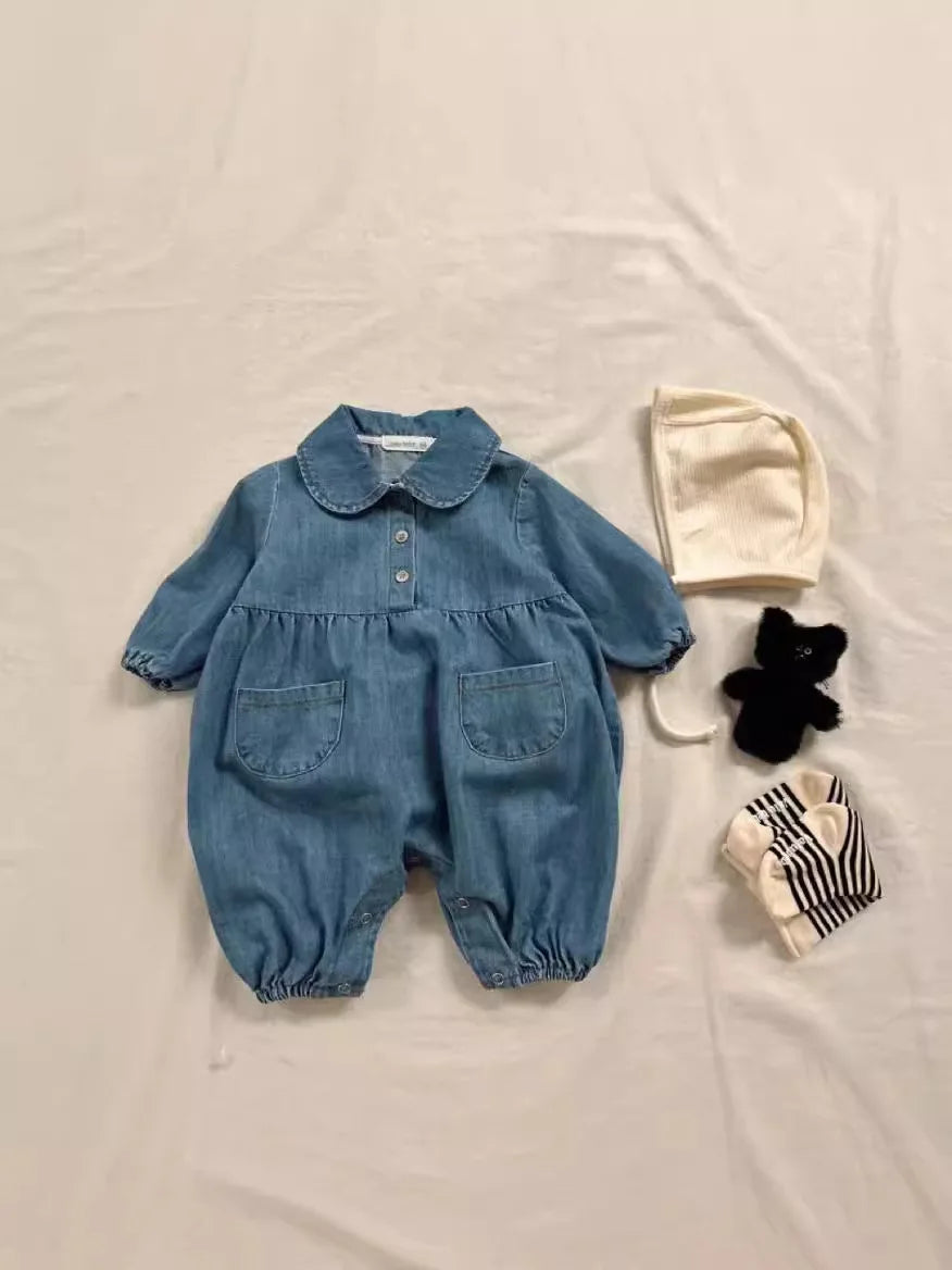 Baby Boy Romper Newborn Toddler Girl Cute Lapel Denim Jumpsuit