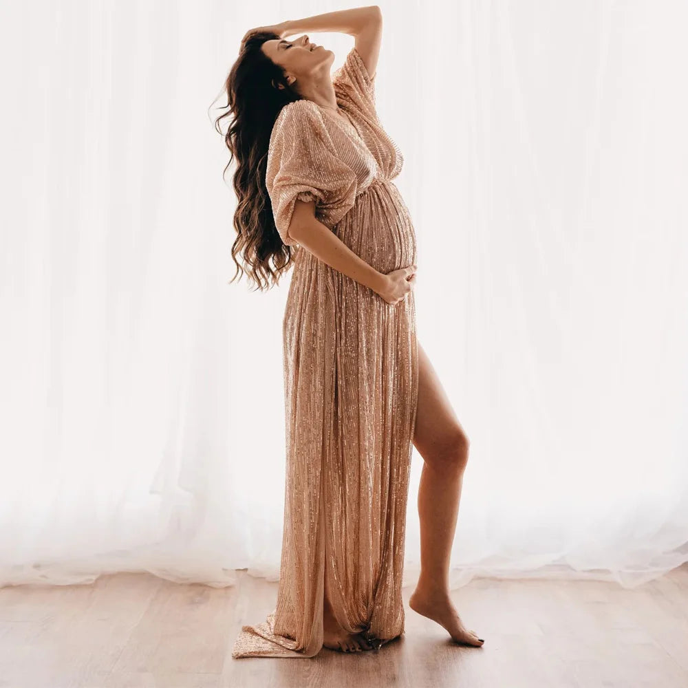 Women V-neck Champagne Sequin Dress Maternity Photography Props Pregnant Women Party Dress