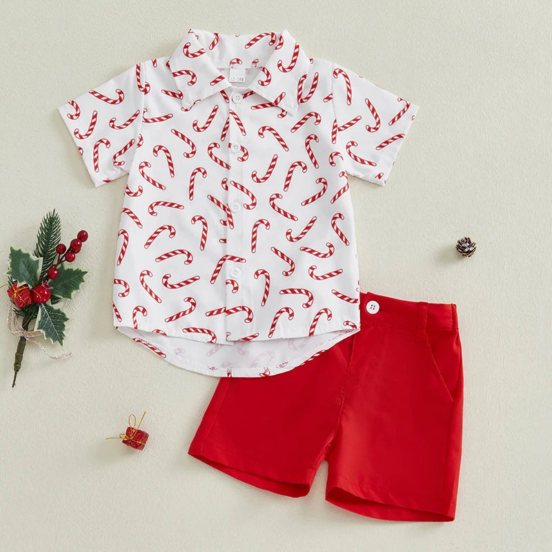 Toddler Boys Christmas Candy Cane Print Shirt with solid color shorts