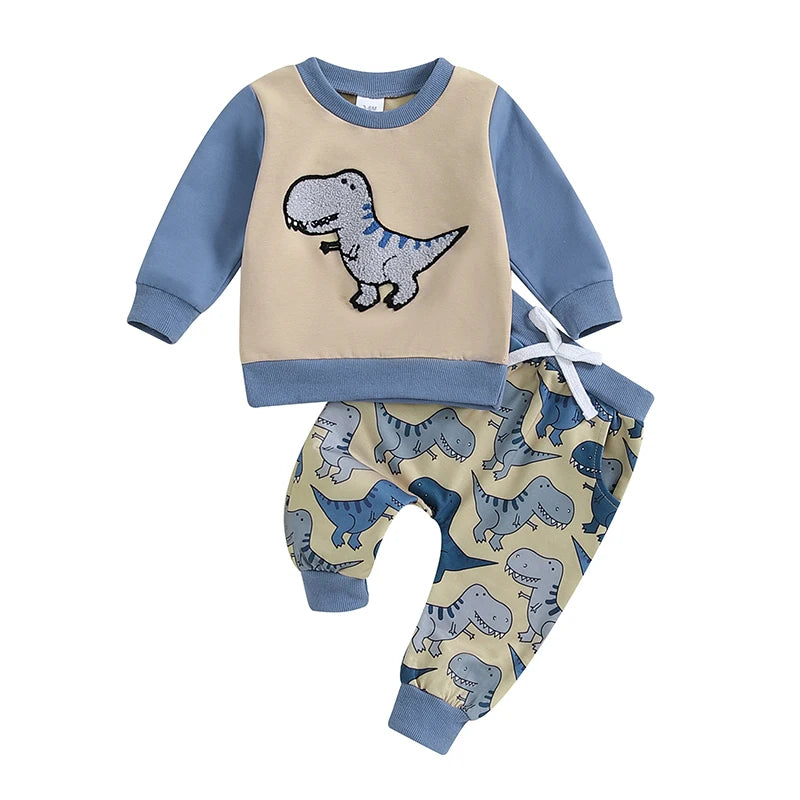 Baby Boy Fall Outfit Dinosaur Print Sweatshirt Tops and Elastic Waist Pants