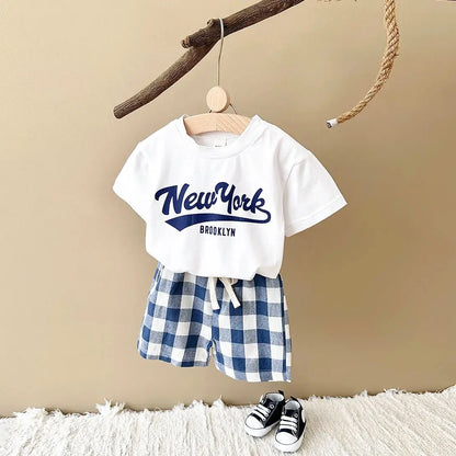 Newborn Baby Boys/Girls Clothing Set New York Print T-shirt+Checkered Shorts