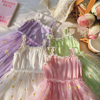 Children Suspenders Puff Princess Dress Little Daisy Flower Mesh