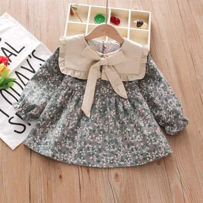 Girls' Dress Flower Bow Lace Lapel Sweet Long Sleeve Forest Style Wear