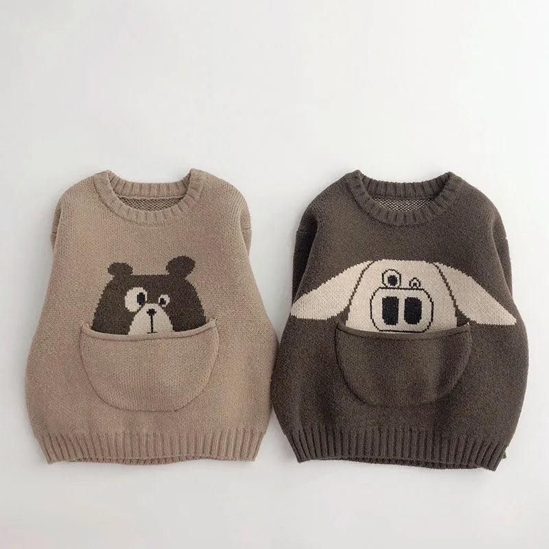 New Cartoon Pullover Sweater Boys Pocket Panda Knitted Shirt Girls Loose Cute Tops