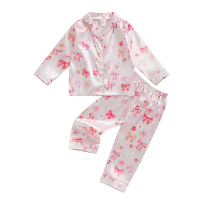 Little Girls Satin Pajamas Set Long Sleeve Bow Print Button Down Shirts and Pants