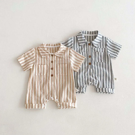 Baby Striped Polo Collar Short Sleeve Romper/Jumpsuit Cotton One-piece