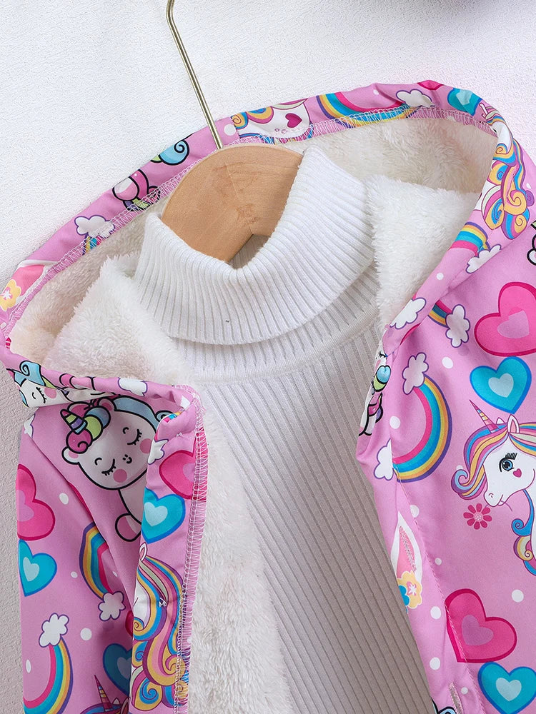 Girls Unicorn Heart Rainbow Print Winter Thickened Fleece Warm Hooded Jacket