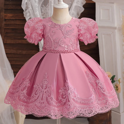 Embroidery Lace Floral Baby Dress Pink Flower Girl Dress for Wedding Ceremony