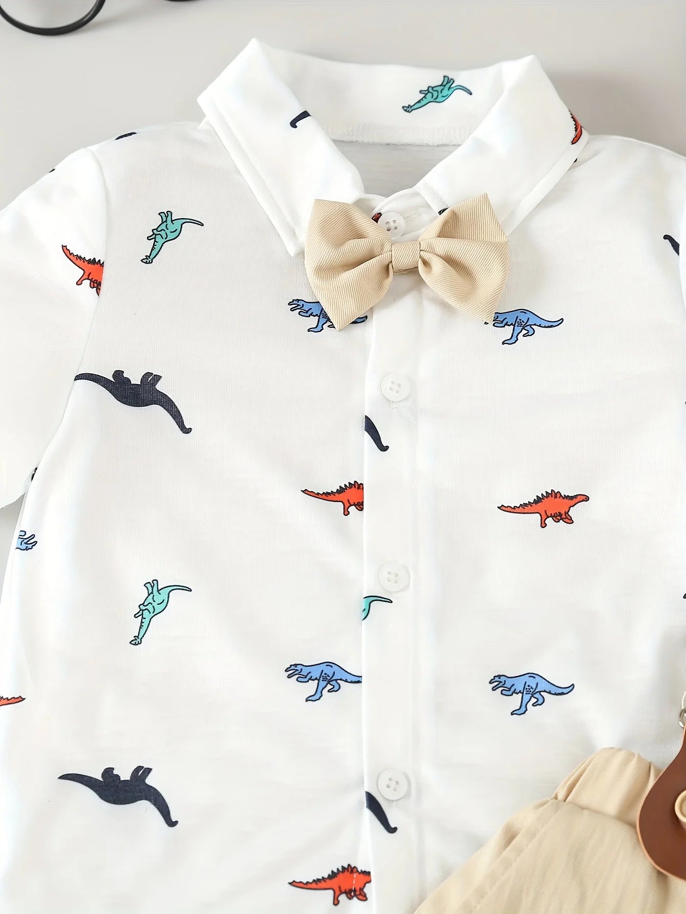 Boys summer short sleeved cute dinosaur printed bow shirt +strap shorts +hat set