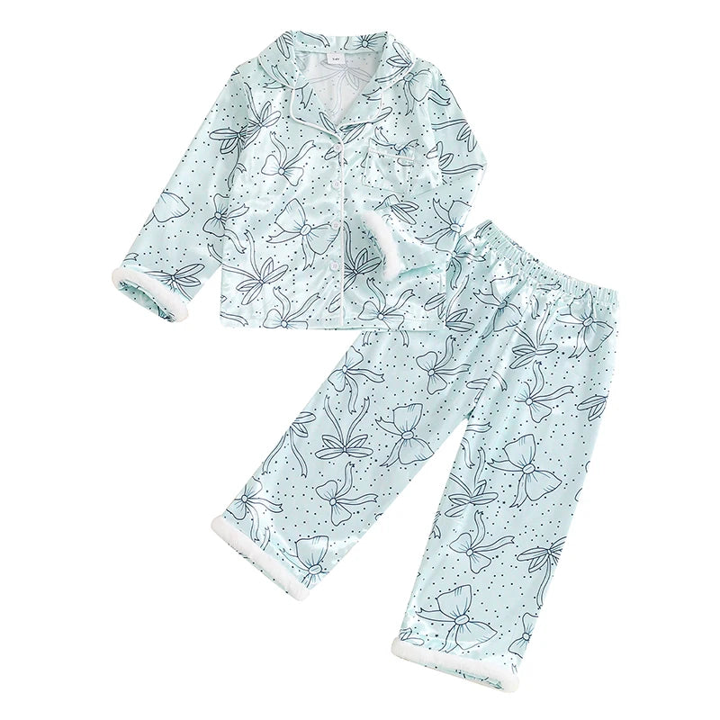 Little Girl Fall Satin Pajamas Set Bow Print Fuzzy Lapel Button Down Tops with Pants