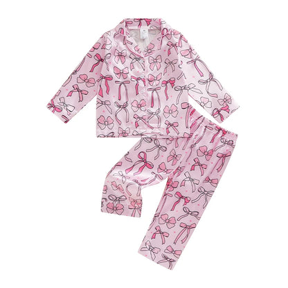 Little Girls Satin Pajamas Set Long Sleeve Bow Print Button Down Shirts and Pants