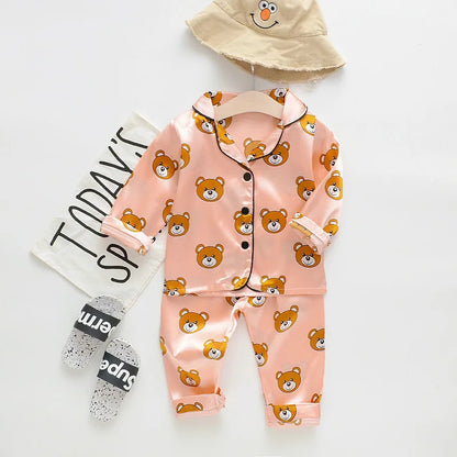 Children Silk Satin Pajamas Set Baby Boys Girls Cartoon Dinosaur Tops Trousers