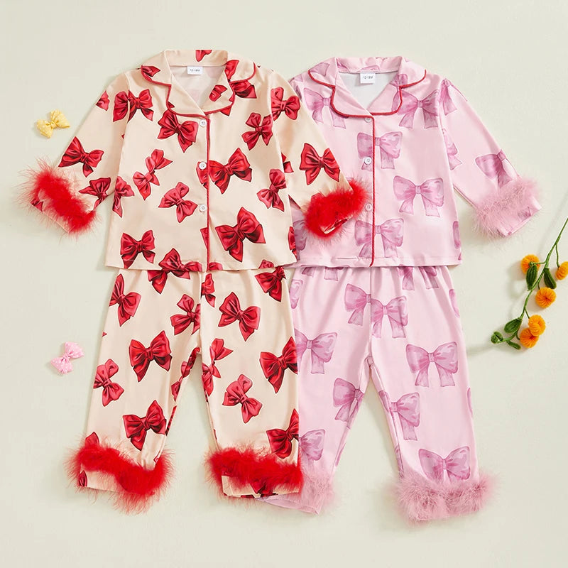 Girls Bow Pajama Sets Button-up Tops Elastic Waist Pants Plush Trim Loungewear Set