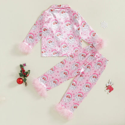 Baby Girl 2Pcs Christmas Pajamas Set Long Sleeve Feather Trim Shirt + Pants