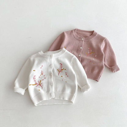 Girls Cute Flower Embroidery Knitted Cardigan Kids Casual Versatile Knitwear