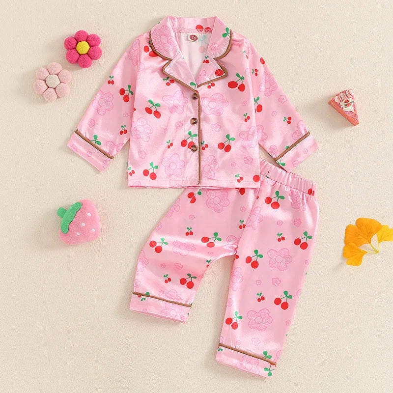 Strawberry/Cherry Print Long Sleeve Button Shirts with Elastic Waist Pants Sleepwear