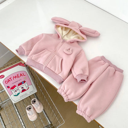 Baby Plus Velvet Thick Clothes Set Girls Cute Rabbit Fleece Hooded Coat + Warm Pants