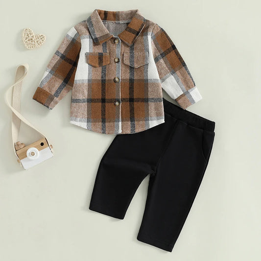 Baby Boy Girl Cotton Plaid Shirt and Long Pants