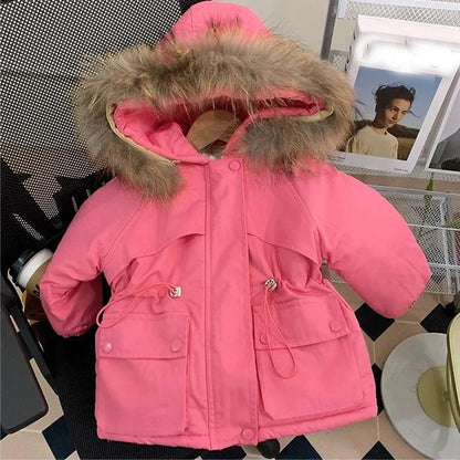 Girls Down Jacket Fur Collar Keep Warm Hooded Zipper Princess Outerwear