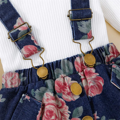 Baby Girls Solid Color Ribbed Romper Floral Denim Skirt Headband Lovely 3Pcs Outfits