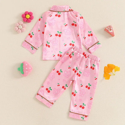 Strawberry/Cherry Print Long Sleeve Button Shirts with Elastic Waist Pants Sleepwear