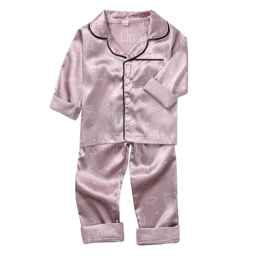 Children Silk Satin Pajamas Set Baby Boys Girls Cartoon Dinosaur Tops Trousers