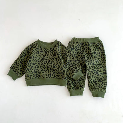 Toddler Boy Fashion Leopard Sweatshirt Suit Girl Cotton Print Casual Tops + Pants