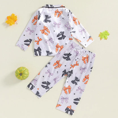 Girls Halloween Pajama Sets Pumpkin/Bow Print Shirt Pants Fall Sleepwear