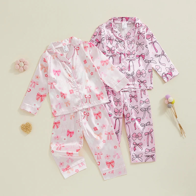 Little Girls Satin Pajamas Set Long Sleeve Bow Print Button Down Shirts and Pants