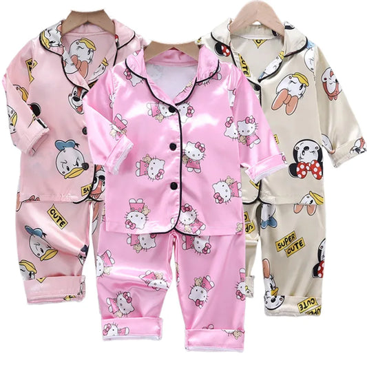 Children Spring Lapel Neck Long Sleeve Sanrio Hello Kitty Print Top+Trousers