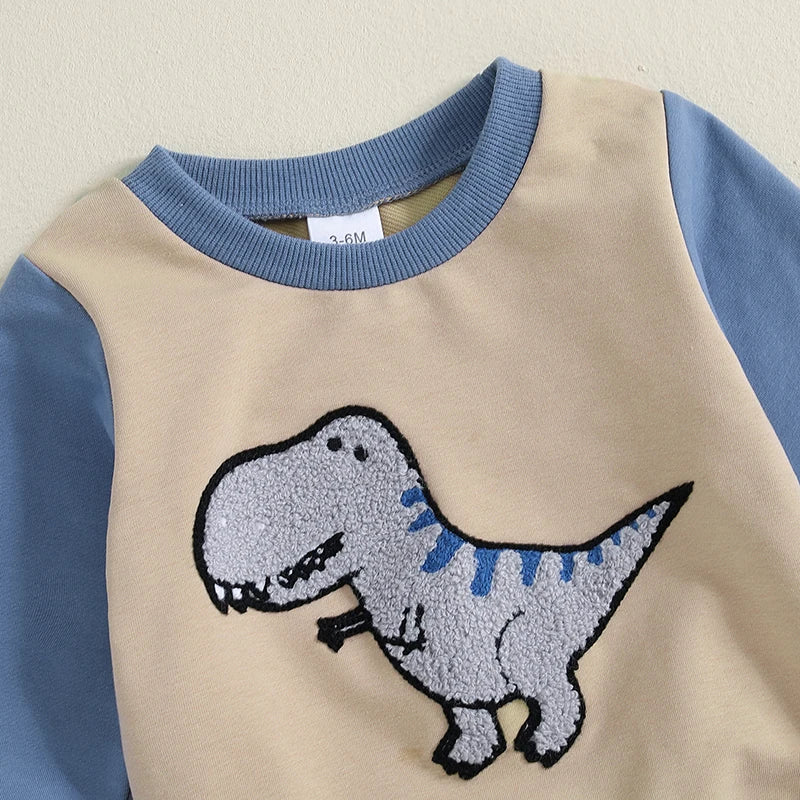 Baby Boy Fall Outfit Dinosaur Print Sweatshirt Tops and Elastic Waist Pants