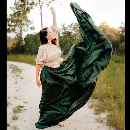 Photo Shooting Pregnancy Dress Color Blocking Apricot Lace Top& Green Skirt