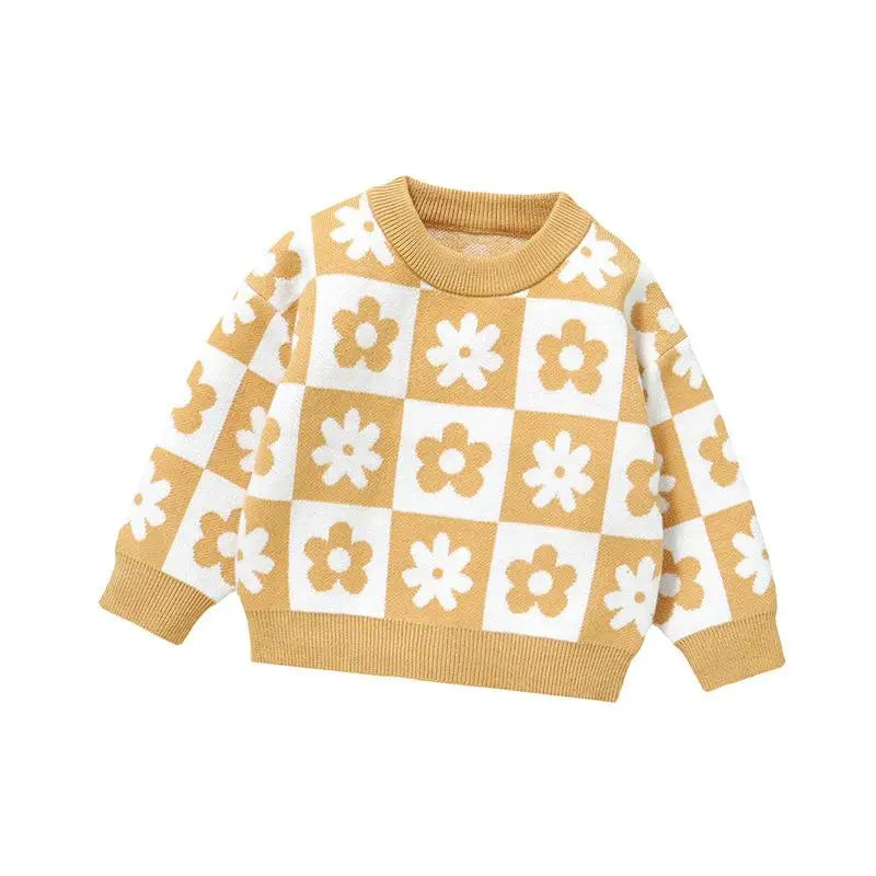 Boy Girl Knitted Flower Long Sleeve Sweater Baby Plaid Pullover Shirt Kids Warm Tops