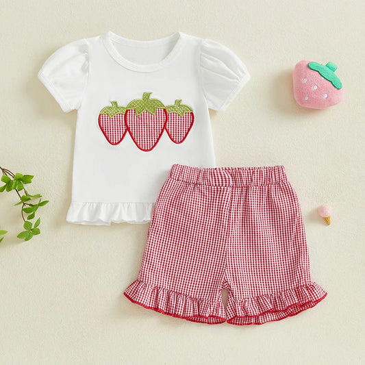 Toddler Baby Girl  Outfit Fruit Embroidery Short Sleeve Ruffle Tops  Shorts 2Pc