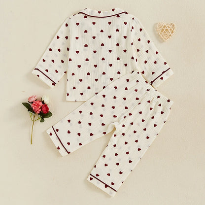 Girls Pajama Set Heart Print Long Sleeves Shirt and Elastic Waist Pants