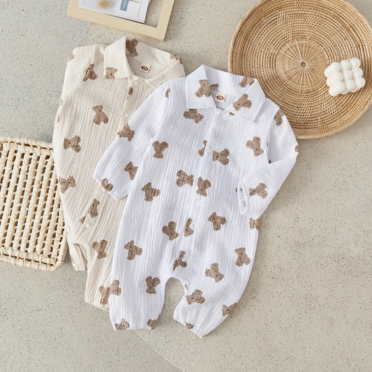 Baby Romper Bear Print Turn-Down Collar Long Sleeve Jumpsuit Spring Fall Casual