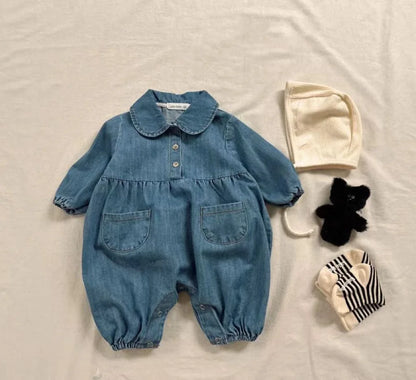 Baby Boy Romper Newborn Toddler Girl Cute Lapel Denim Jumpsuit