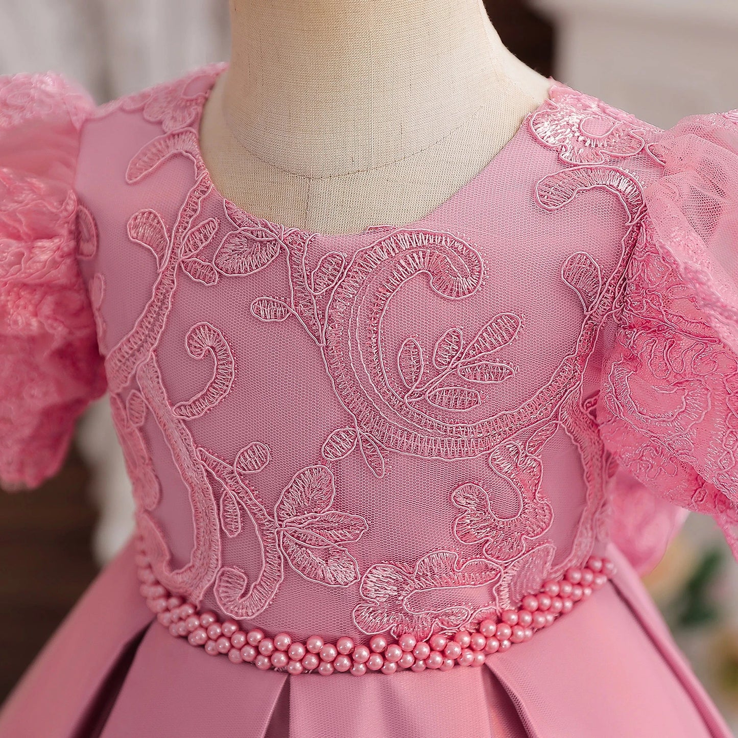 Embroidery Lace Floral Baby Dress Pink Flower Girl Dress for Wedding Ceremony