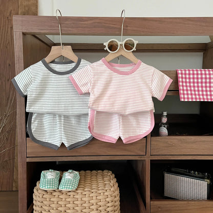 Children's Clothing Boy Girl Striped Short Sleeve Tops + Shorts 2pcs