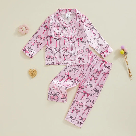 Little Girls Satin Pajamas Set Long Sleeve Bow Print Button Down Shirts and Pants