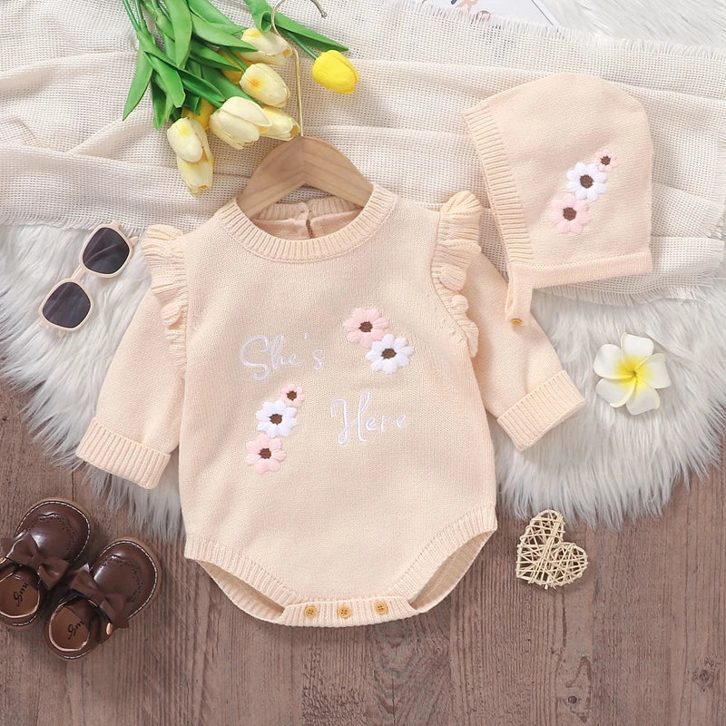 Baby Girls Romper Long Sleeve Letter Flower Embroidery Romper with Hat