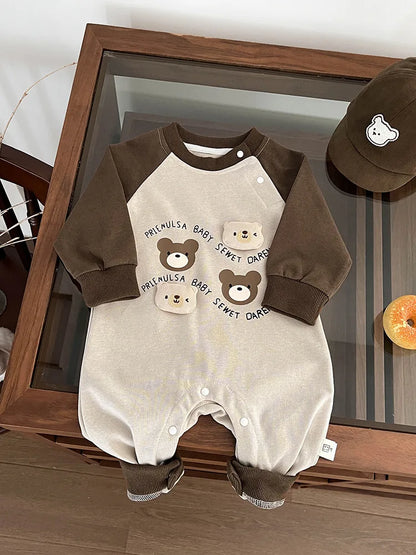 Baby Boy Cartoon Bear Raglan Sleeve Romper Cotton Infant Toddler Jumpsuit