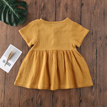 Toddler Baby Girl Cotton Linen A-line Dress Short Sleeve Button Mini Dresses