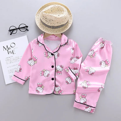 Children Silk Satin Pajamas Set Baby Boys Girls Cartoon Dinosaur Tops Trousers